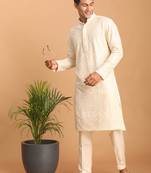 Cream Cotton Blend Kurta Pyjama Set