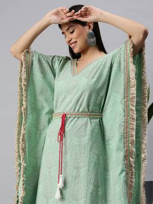 women's v-neck floral foil print green kaftan kurta and trouser 1