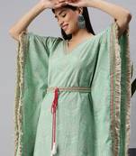 women's v-neck floral foil print green kaftan kurta and trouser