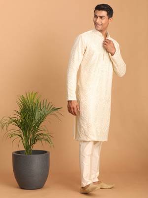 Cream Cotton Blend Kurta Pyjama Set 2