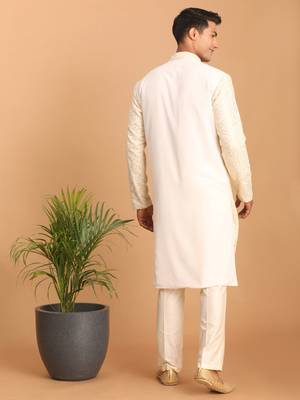 Cream Cotton Blend Kurta Pyjama Set 3