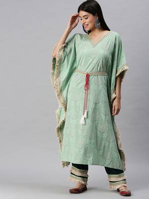 women's v-neck floral foil print green kaftan kurta and trouser 2
