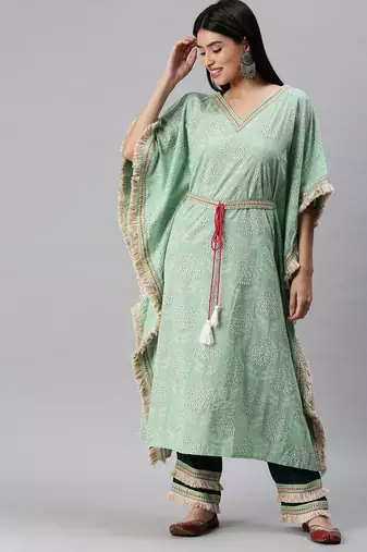 women's v-neck floral foil print green kaftan kurta and trouser