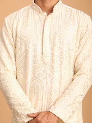 Cream Cotton Blend Kurta Pyjama Set 4