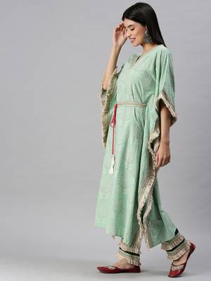 women's v-neck floral foil print green kaftan kurta and trouser 3