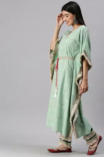 women's v-neck floral foil print green kaftan kurta and trouser