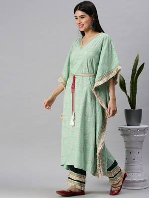 women's v-neck floral foil print green kaftan kurta and trouser 4