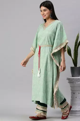 women's v-neck floral foil print green kaftan kurta and trouser