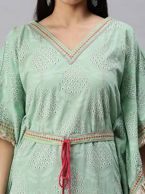 women's v-neck floral foil print green kaftan kurta and trouser 5