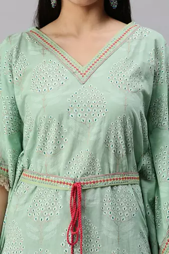 women's v-neck floral foil print green kaftan kurta and trouser