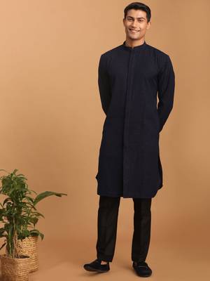 Navy Blue Cotton Blend Kurta Pyjama Set 1