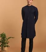 Navy Blue Cotton Blend Kurta Pyjama Set