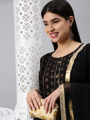 women's round neck floral foil print black straight kurta and trouser with dupatta 1