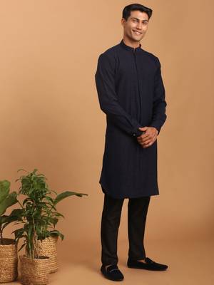 Navy Blue Cotton Blend Kurta Pyjama Set 2