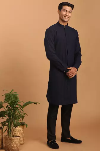 Navy Blue Cotton Blend Kurta Pyjama Set