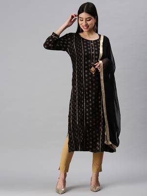 women's round neck floral foil print black straight kurta and trouser with dupatta 2