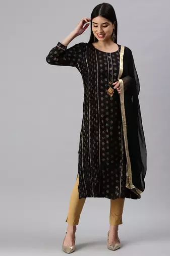 women's round neck floral foil print black straight kurta and trouser with dupatta