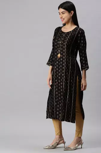 women's round neck floral foil print black straight kurta and trouser with dupatta