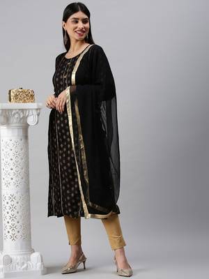 women's round neck floral foil print black straight kurta and trouser with dupatta 4