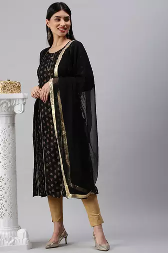 women's round neck floral foil print black straight kurta and trouser with dupatta