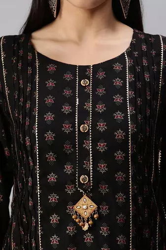 women's round neck floral foil print black straight kurta and trouser with dupatta