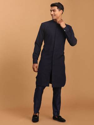 Navy Blue Cotton Blend Kurta Pyjama Set 1