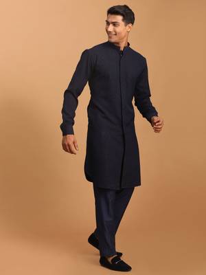 Navy Blue Cotton Blend Kurta Pyjama Set 2