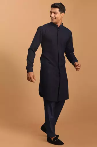 Navy Blue Cotton Blend Kurta Pyjama Set