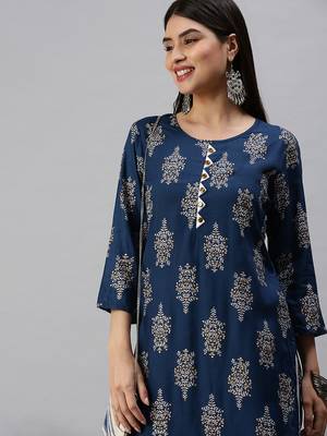 women's round neck floral foil print blue straight kurta and trouser with dupatta 1