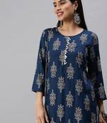 women's round neck floral foil print blue straight kurta and trouser with dupatta
