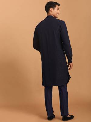 Navy Blue Cotton Blend Kurta Pyjama Set 3