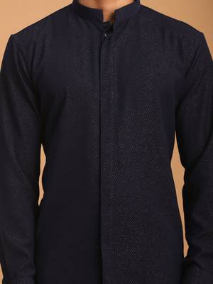 Navy Blue Cotton Blend Kurta Pyjama Set 4