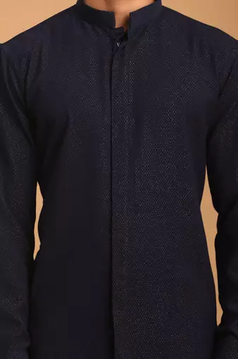 Navy Blue Cotton Blend Kurta Pyjama Set