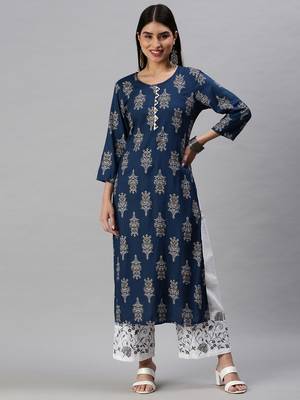 women's round neck floral foil print blue straight kurta and trouser with dupatta 2