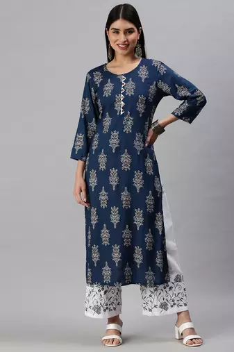 women's round neck floral foil print blue straight kurta and trouser with dupatta