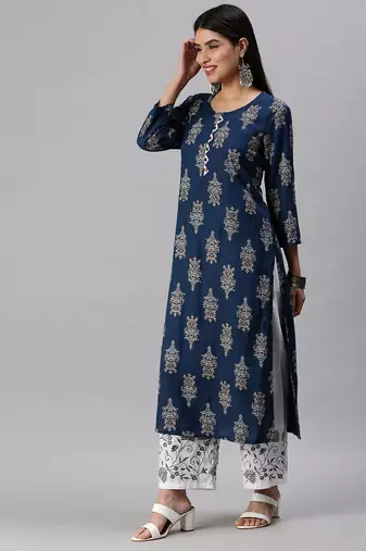women's round neck floral foil print blue straight kurta and trouser with dupatta