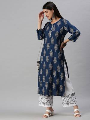 women's round neck floral foil print blue straight kurta and trouser with dupatta 4