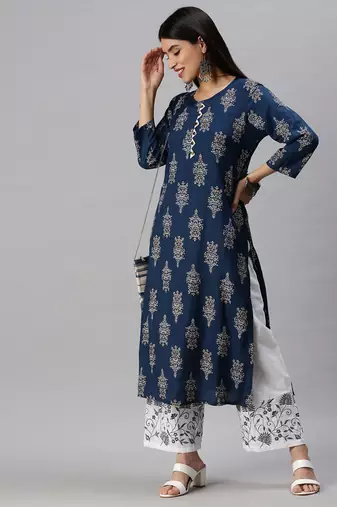 women's round neck floral foil print blue straight kurta and trouser with dupatta