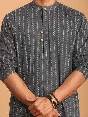 Grey And White Cotton Kurta Pyjama Set 4