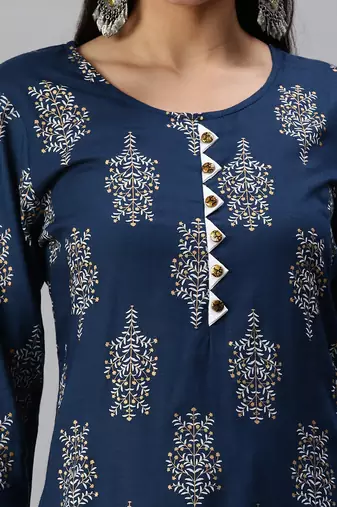 women's round neck floral foil print blue straight kurta and trouser with dupatta