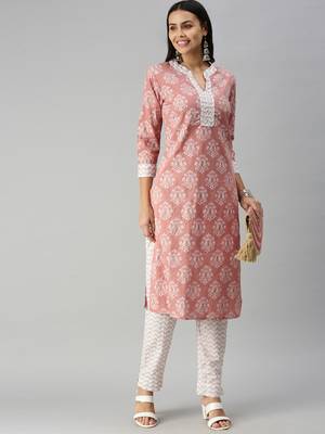 women's mandarin collar chevron foil print mauve straight kurta and trouser 1
