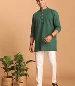 Green And White Cotton Short Kurta And Pyjama Set