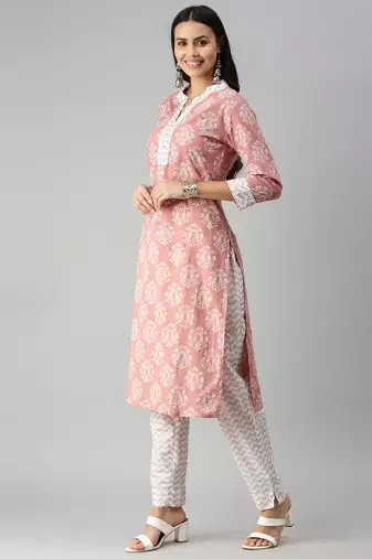 women's mandarin collar chevron foil print mauve straight kurta and trouser