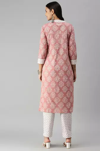 women's mandarin collar chevron foil print mauve straight kurta and trouser
