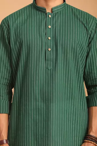 Green And White Cotton Short Kurta And Pyjama Set