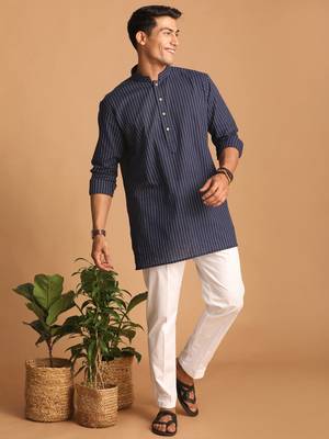 Navy Blue And White Cotton Short Kurta And Pyjama Set 1