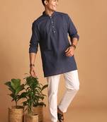 Navy Blue And White Cotton Short Kurta And Pyjama Set