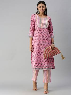 women's round neck striped block print pink straight kurta and trouser 1