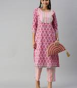 women's round neck striped block print pink straight kurta and trouser