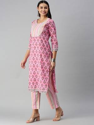 women's round neck striped block print pink straight kurta and trouser 2